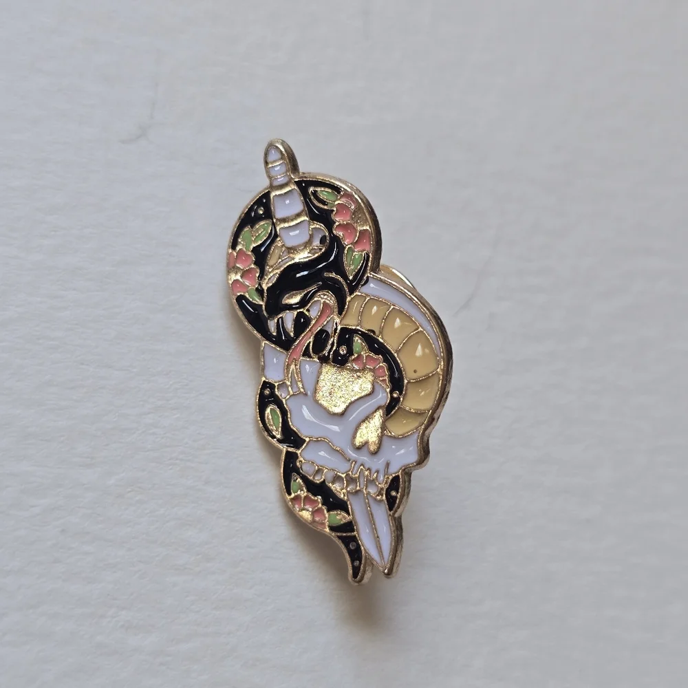 Gold-Trim Enamel Sword & Snake Pin with Pink Flowers